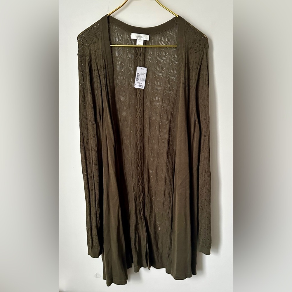 NWT Christopher & Banks Olive Green Brown Knit Open Front Cardigan Plus Size 1X